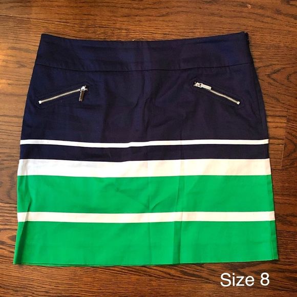 ANNE KLEINS Women's Navy Blue Green White Spring Summer Striped Skirt Size 8 NWT